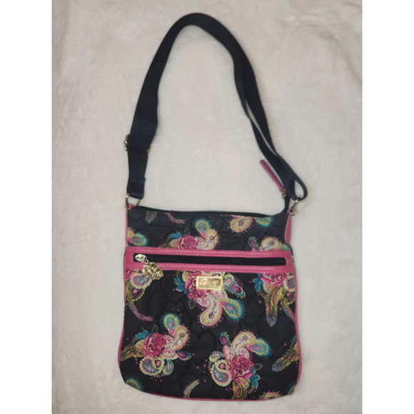 Betsey Johnson Black Pink Floral Medium Crossbody Bag - Picture 3 of 11